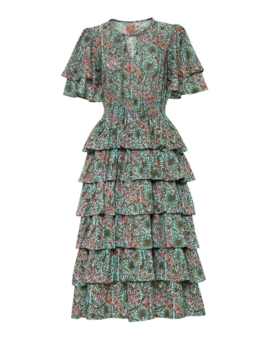 Carolina Benoit Green Palm Springs Clinched Waist Dress Print