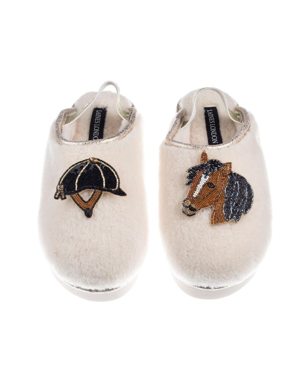 Laines London Multicolor Neutrals Flatform Cloud Closed Toe Slippers With Riding Hat & Horse Brooches