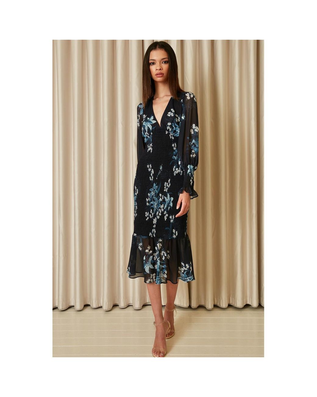 Urban Touch Blue Floral Print Bodycon Style Long Sleeve Dress
