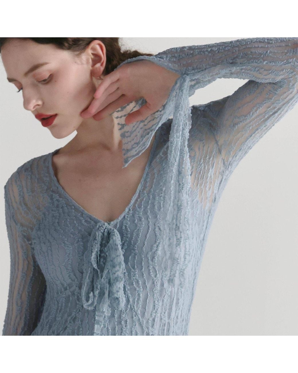 Belsize25 Blue Trumpet Dress Flared Sleeve Sheer Lace Knit Dress
