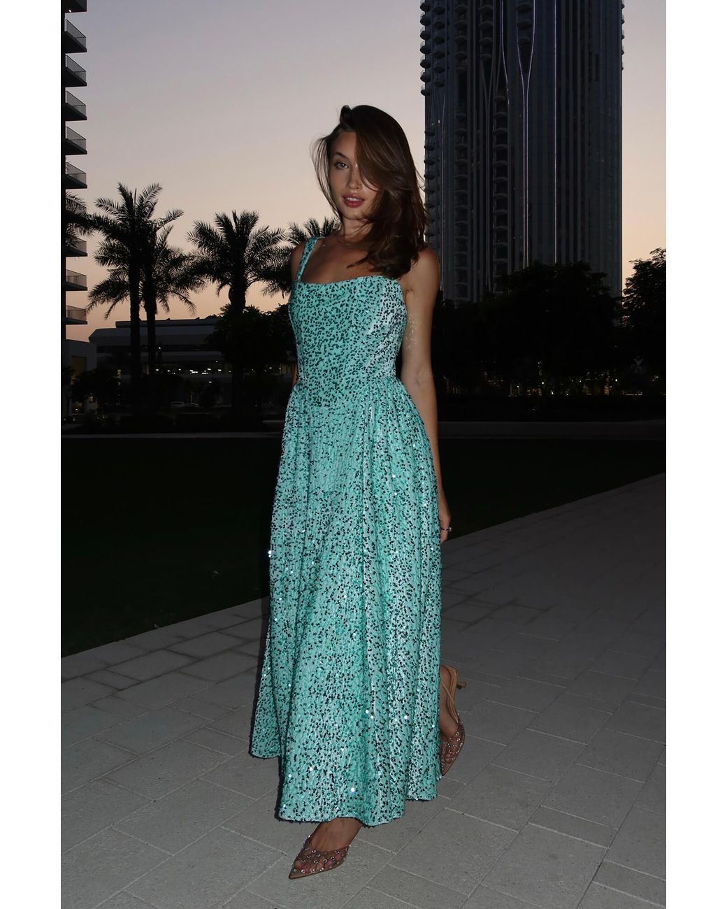 POST MERIDIEM Blue Menthol Tuck Corset Top Midi Dress