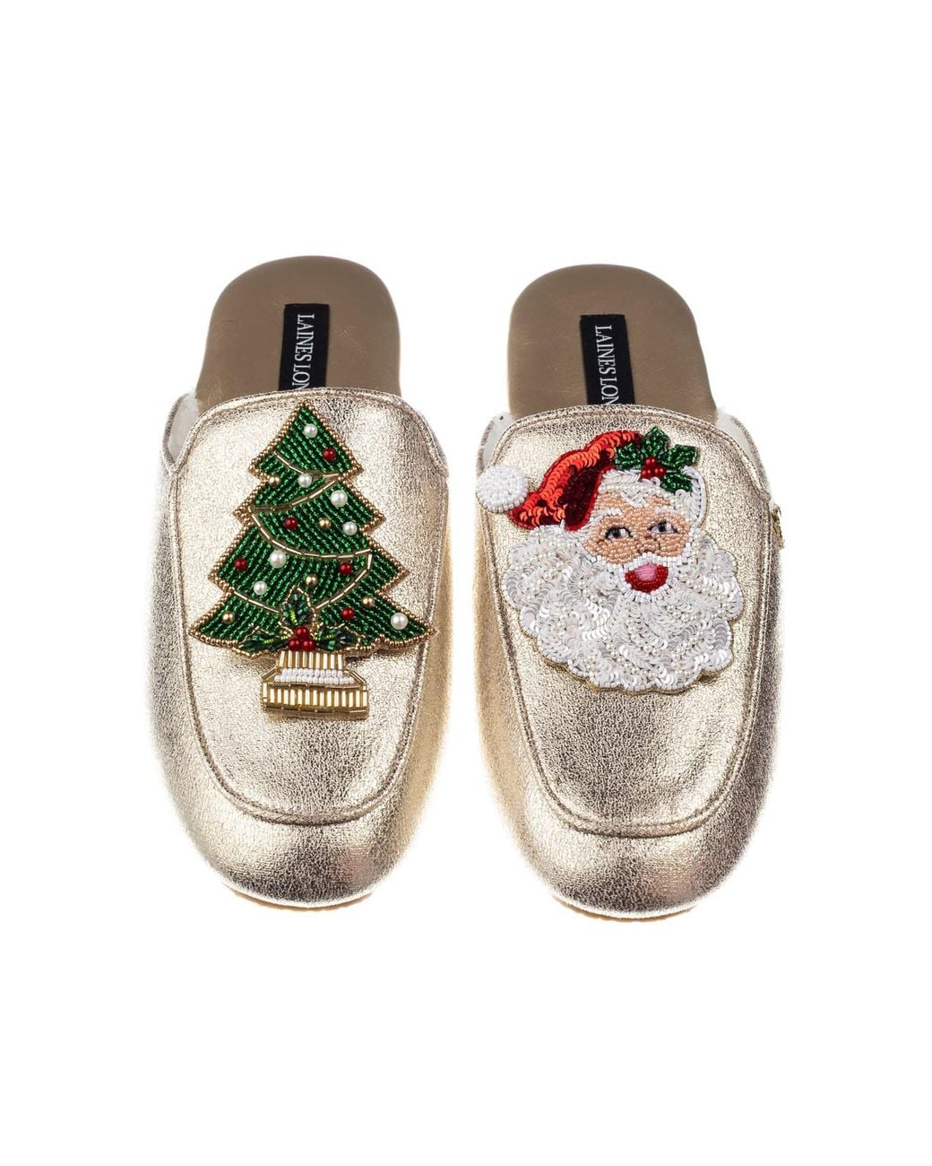 Laines London Metallic Classic Mules With Christmas Tree & Santa Clause Brooches