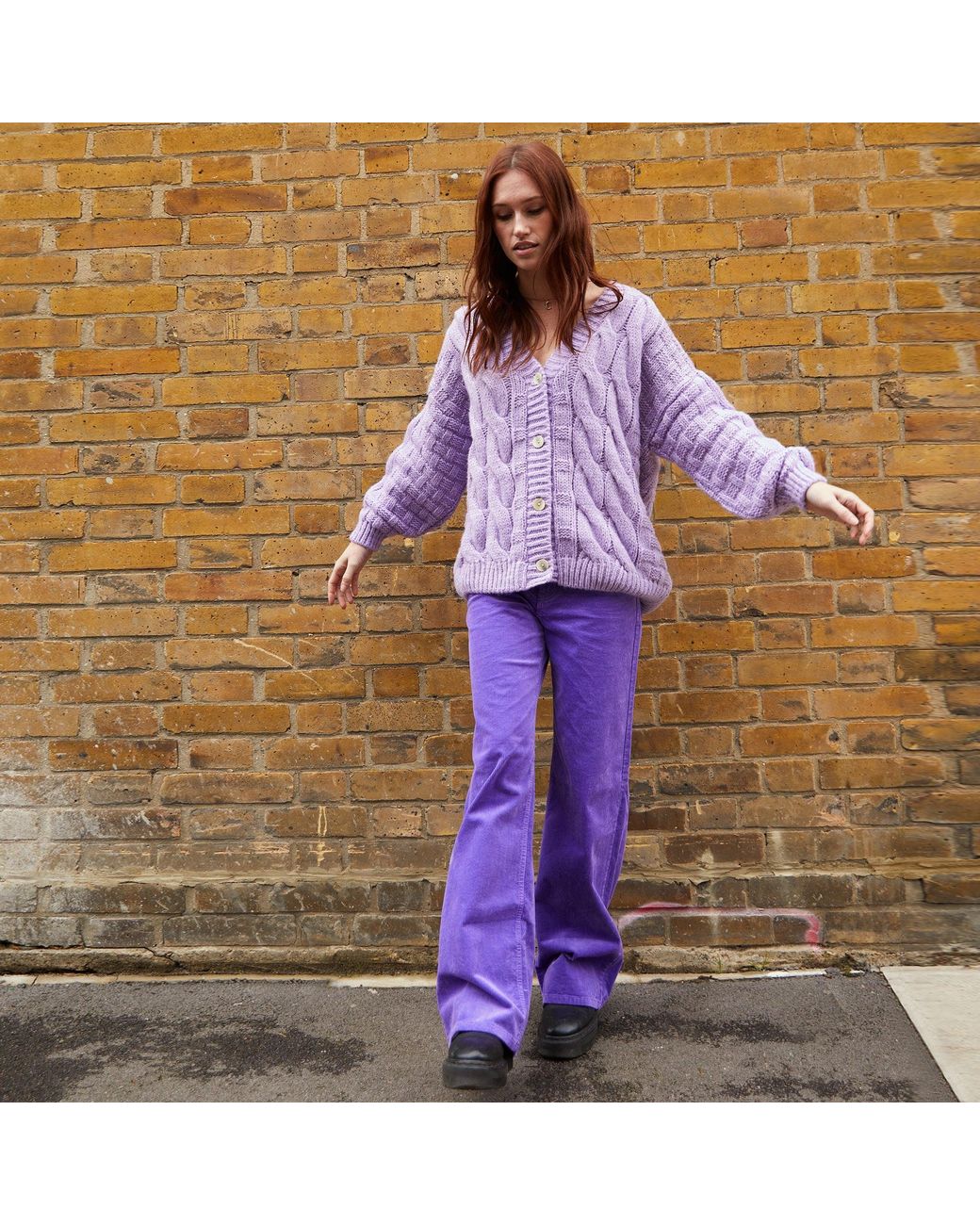 Cara & The Sky Purple Gemma Basket Stitch Balloon Sleeve Cardigan
