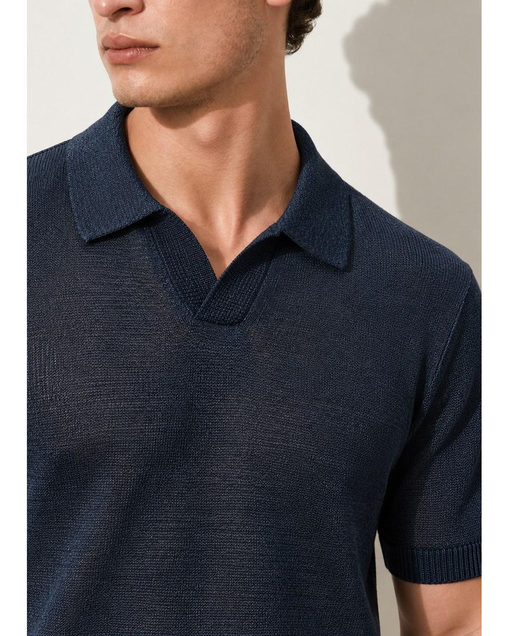 Vayla Blue Fine-Knit Relaxed Fit Open Collar Polo Shirt for men