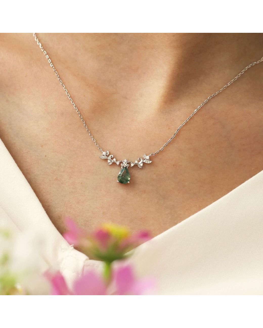 Azura Jewelry New York Metallic Foliage Whispers Moss Agate Necklace Vermeil