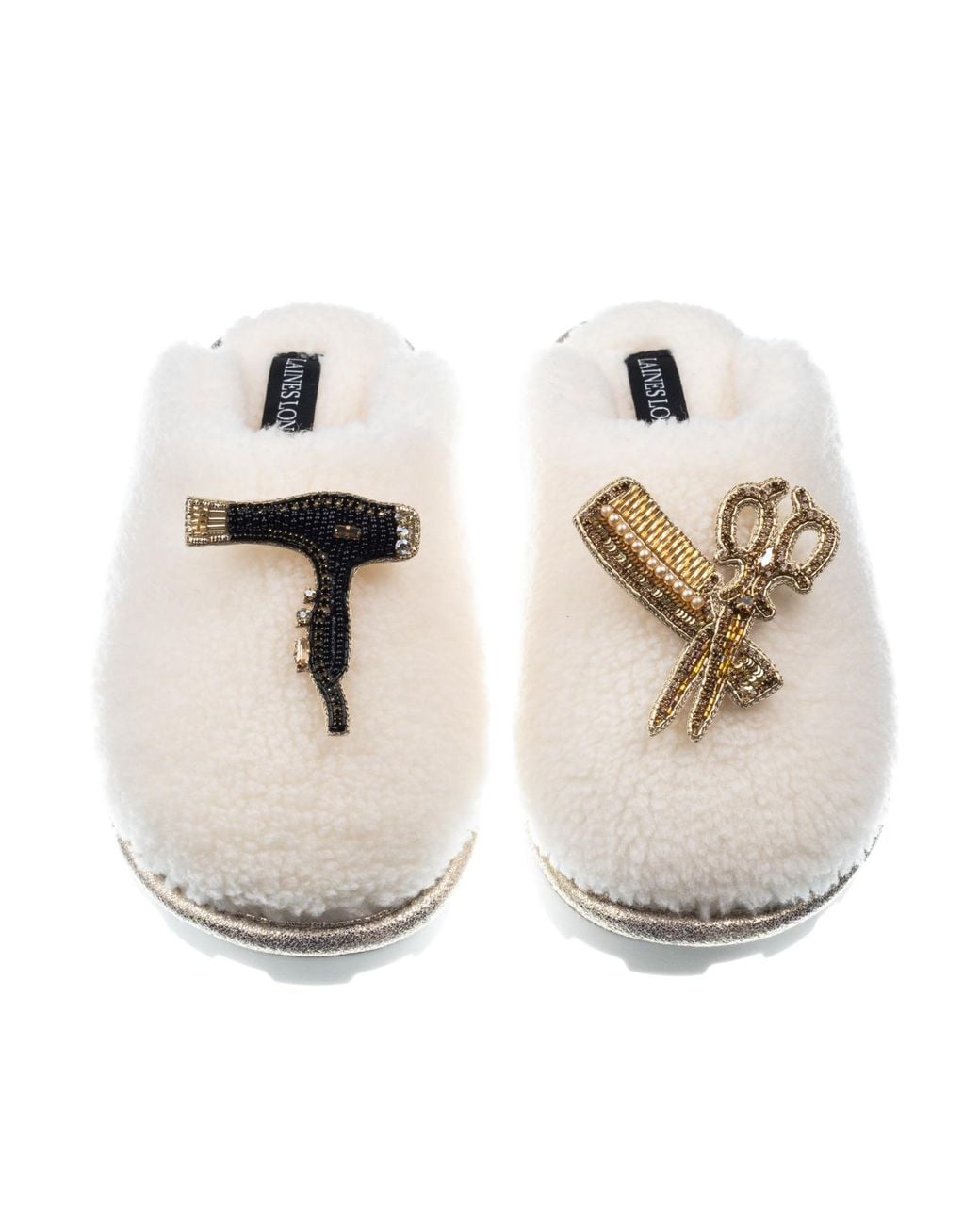 Laines London White Teddy Closed Toe Slippers With Hairdresser Brooches