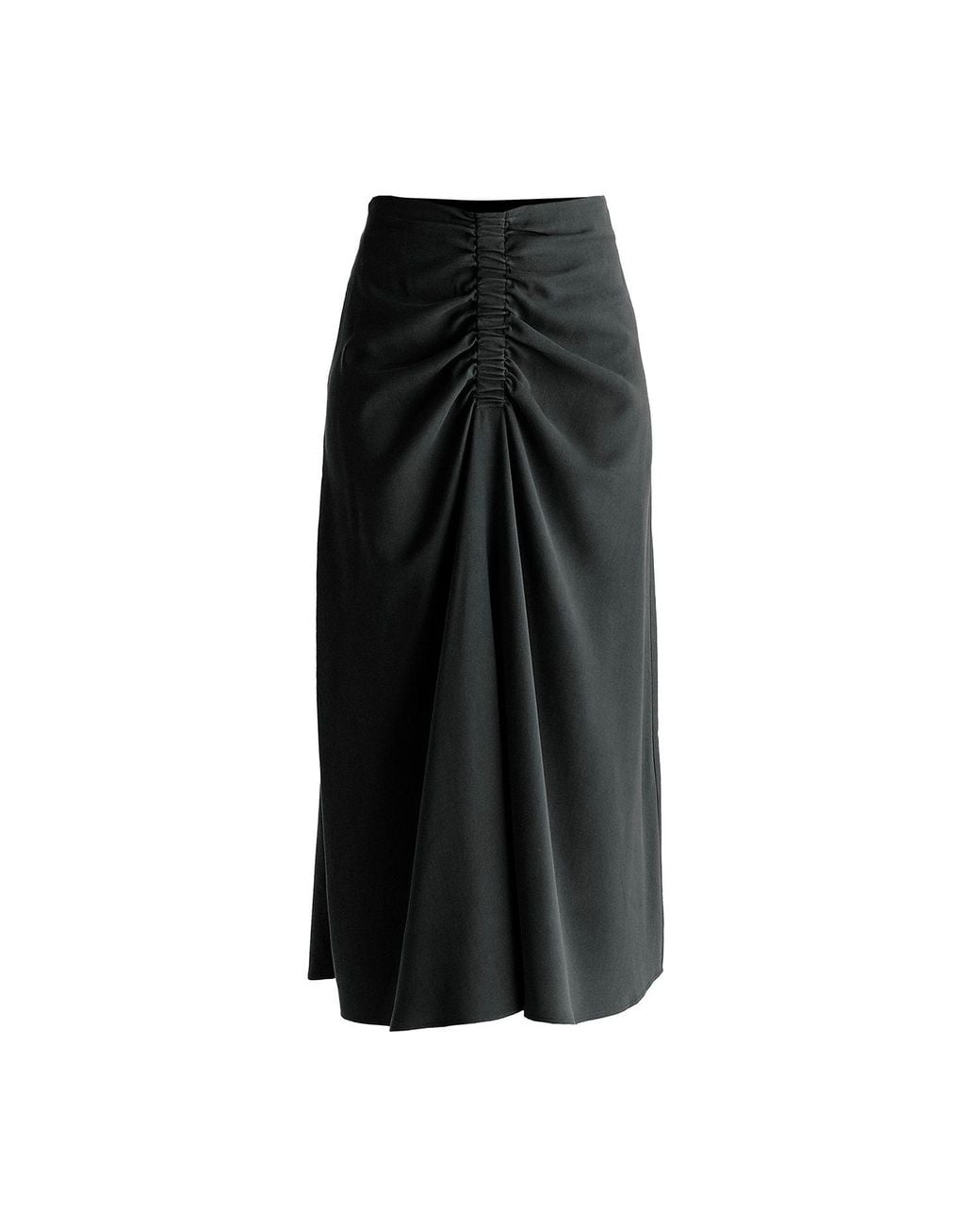 Paisie Black Ruched Front Midi Skirt