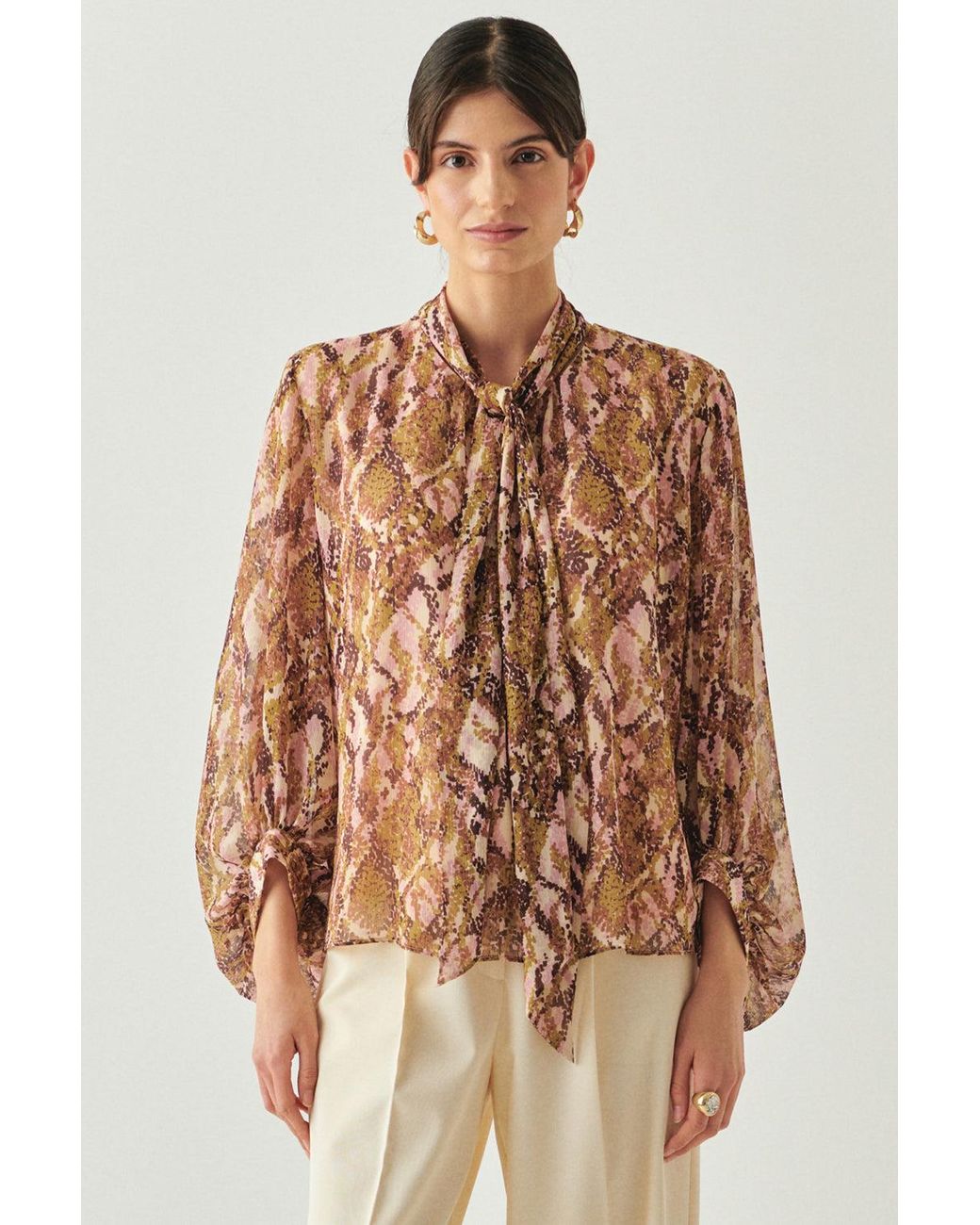 Exquise Natural Regular Scarf Neck Patterned Sariyah Blouse