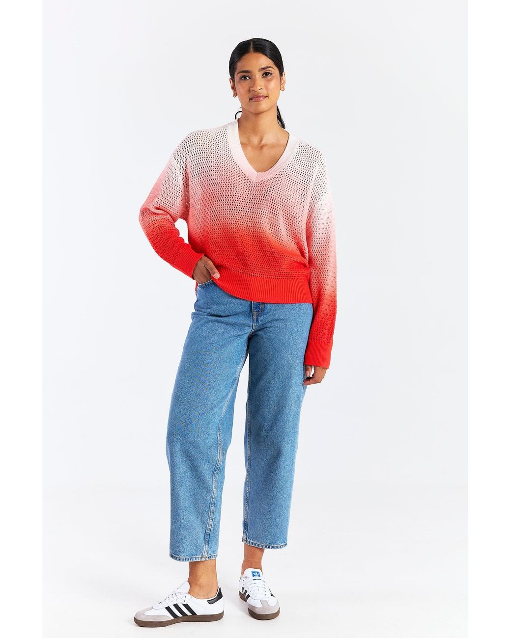 Brodie Cashmere Red Mesh Dip Dye V Neck