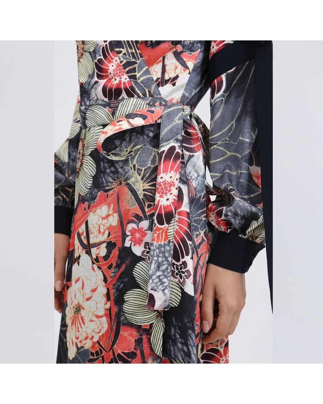 Smart and Joy Red Wrap Dress With Flower Print And Satin Bias