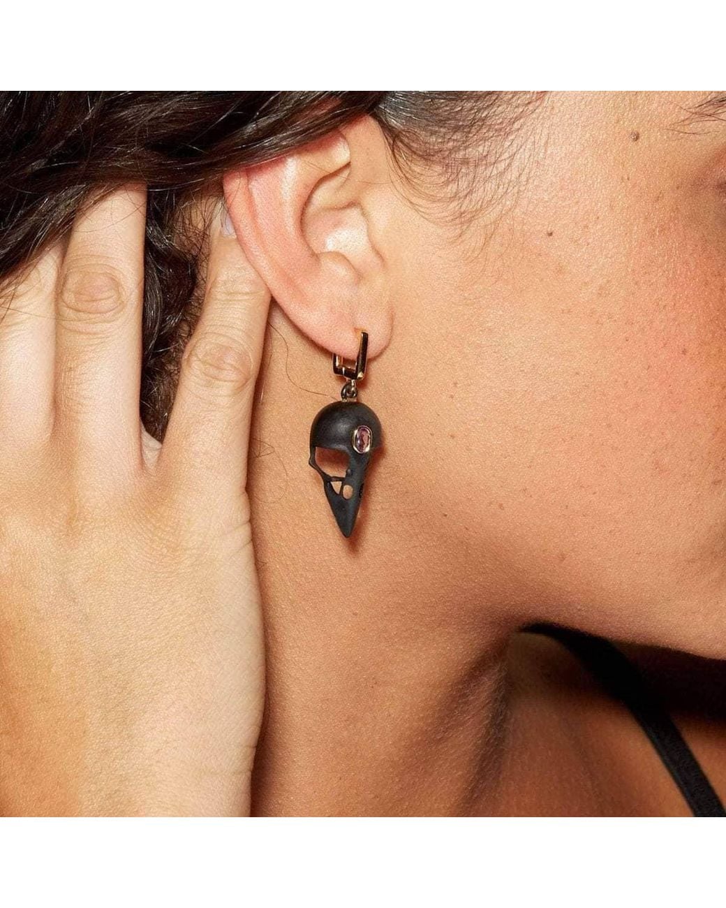 German Kabirski Black Calvina Skull Motif Asymmetric Earrings With Natural Amethyst