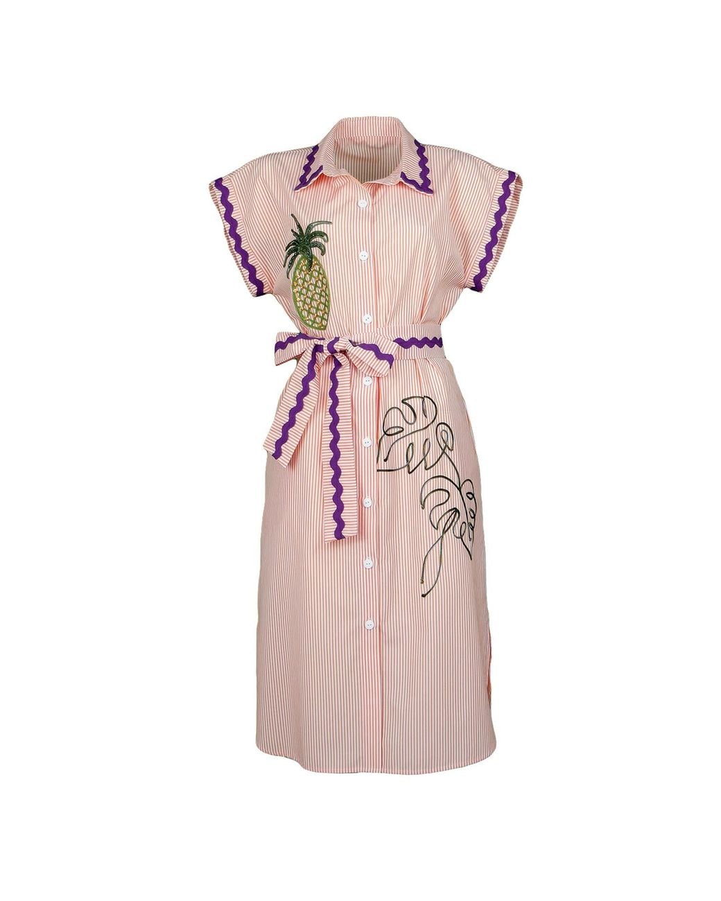 Lalipop Design Pink Pinstripe Cotton Shirtdress With Pineapple Embroidery