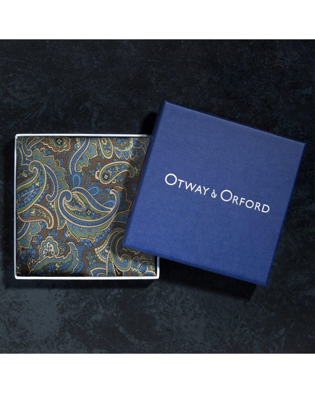 Otway & Orford Blue 'Cypress' Paisley Silk Pocket Square for men