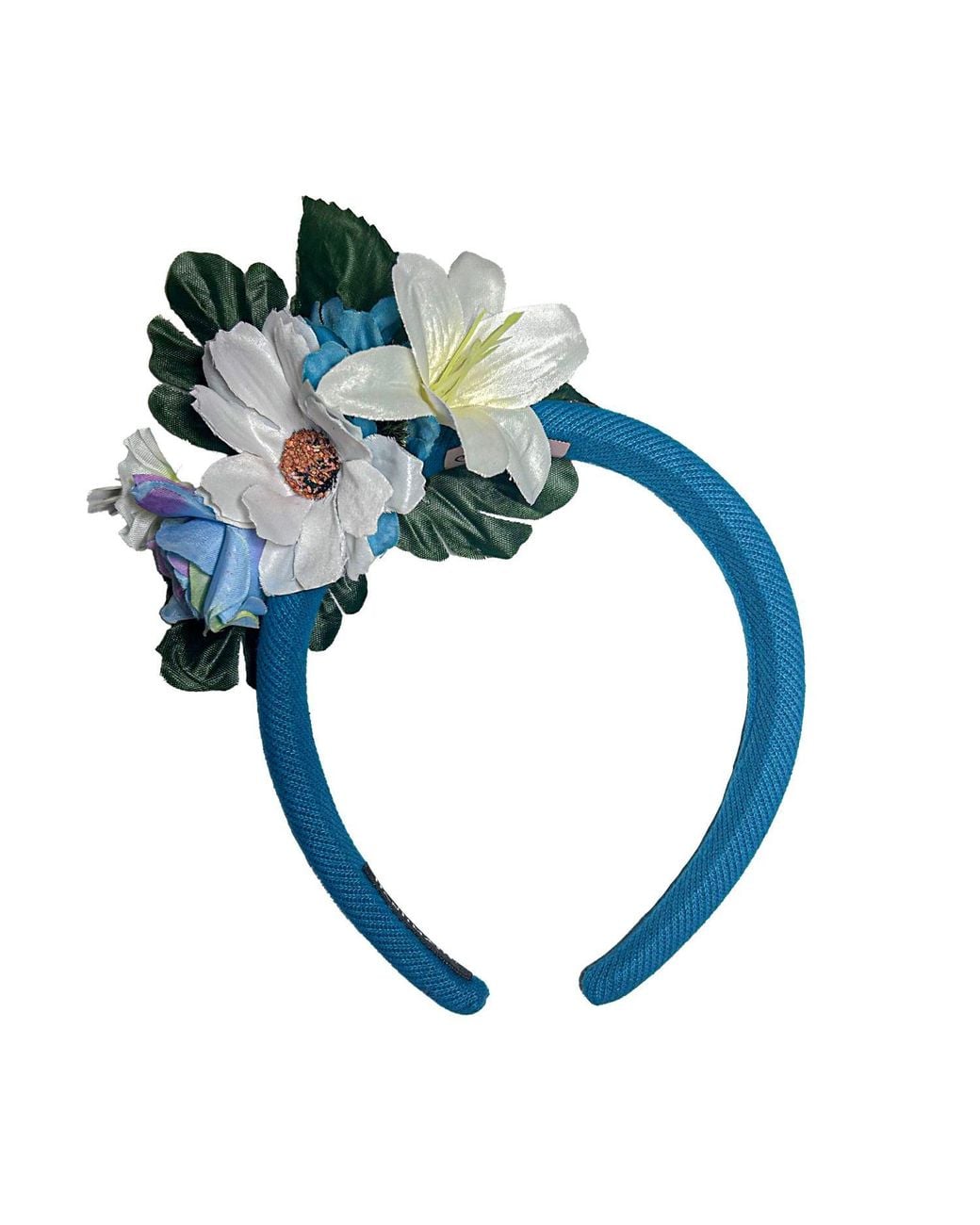Natalia Petruch Blue Liora Striped Velvet Flower Headband – Small & Faux Flowers, Handmade Delicate Statement Hair Accessory