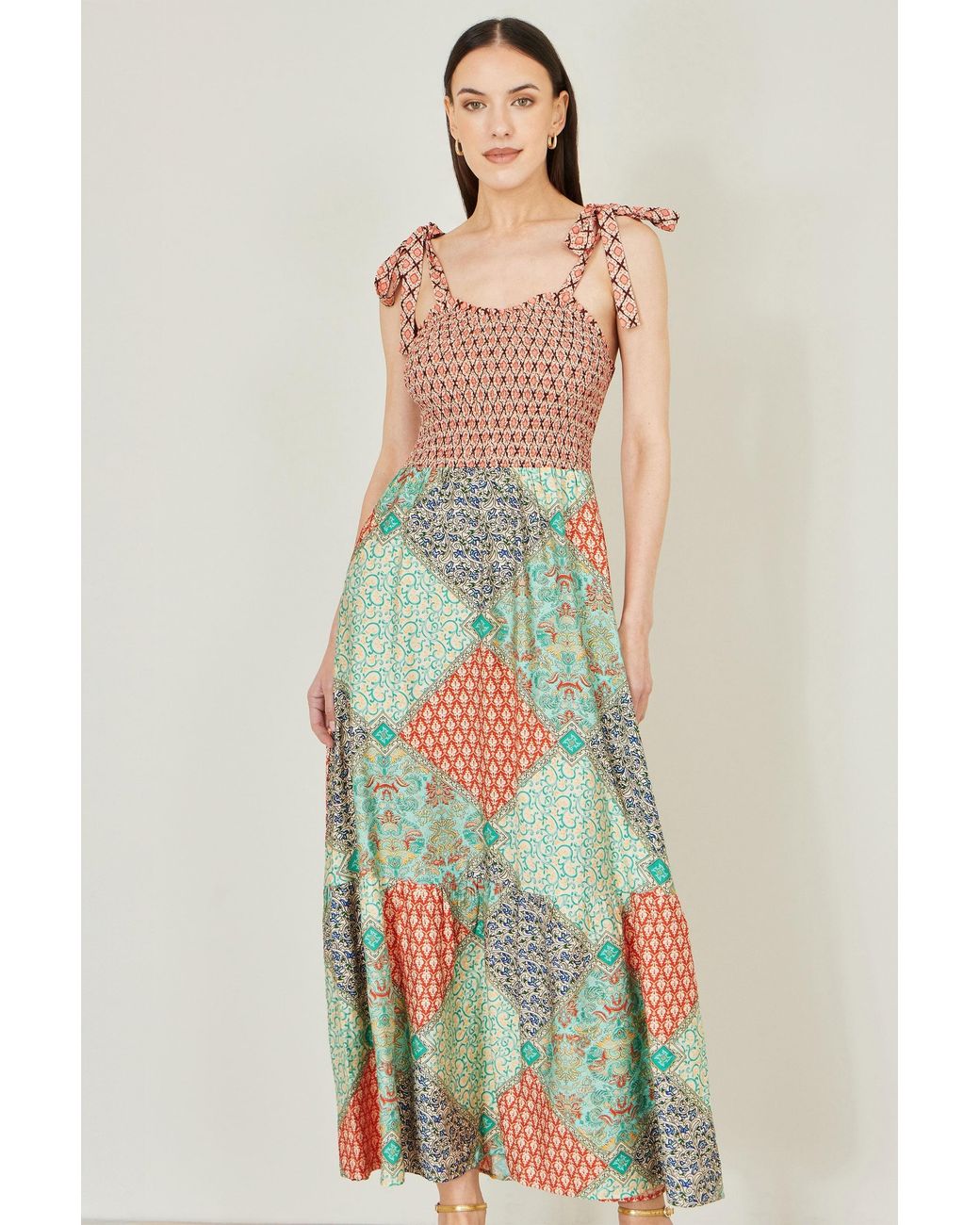 Yumi' Green Multicolour Patchwork Ruched Smocked Maxi Sundress