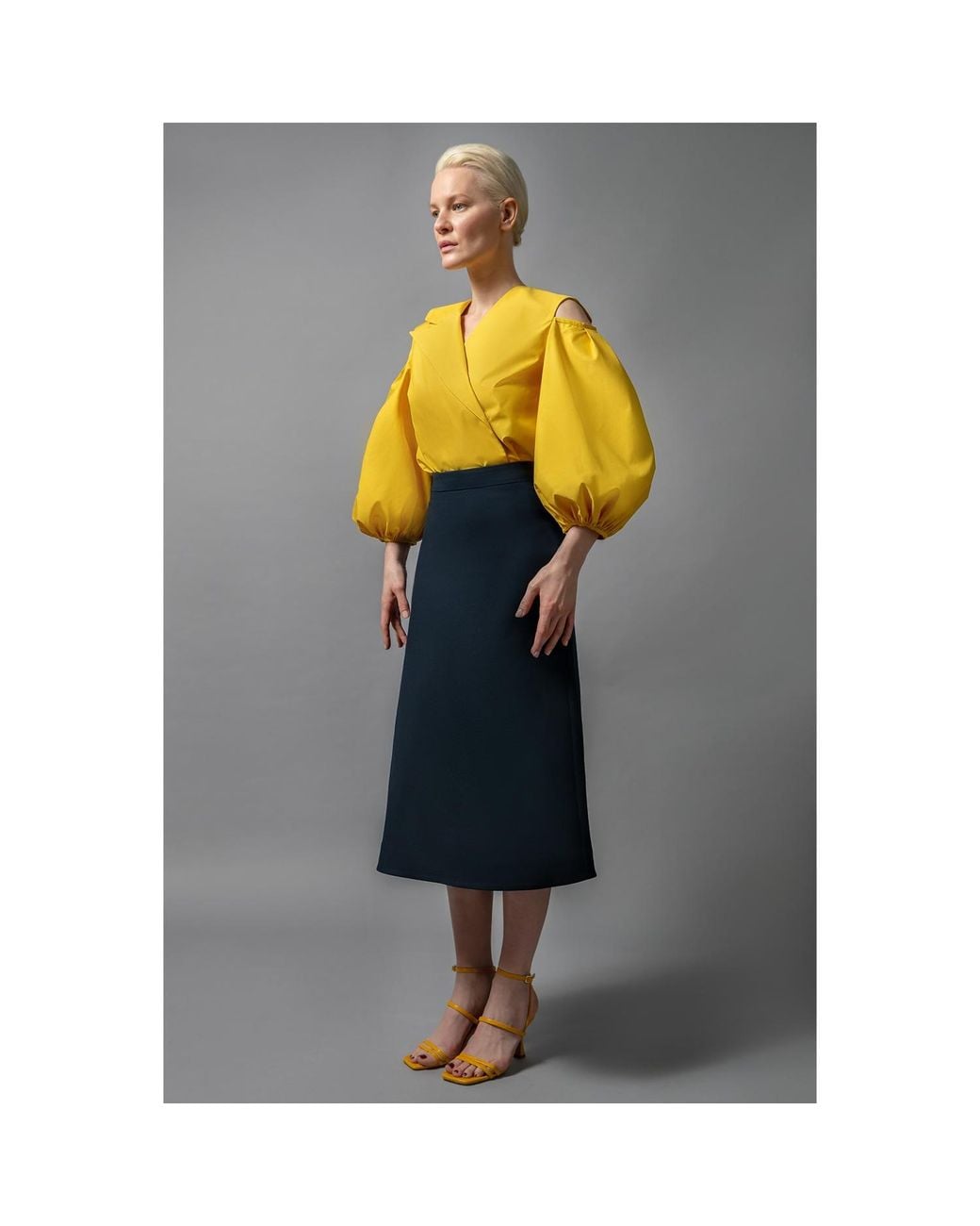 Femponiq Yellow Cold Shoulder Puff Sleeve Lapel Top