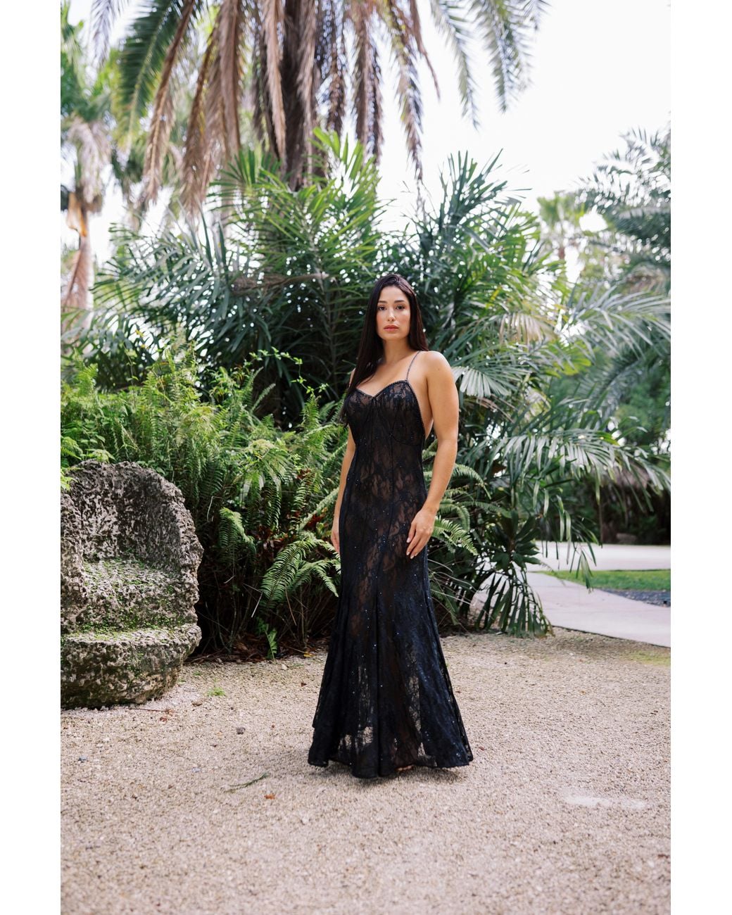 Carol Coelho Black Machu Picchu Mini Sequin Lace Long Gown