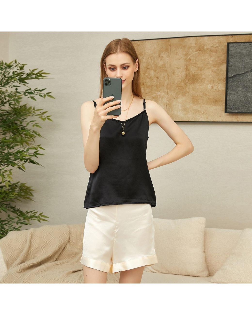 Soft Strokes Silk Black Pure Mulberry Silk Camisole With Adjustable Straps