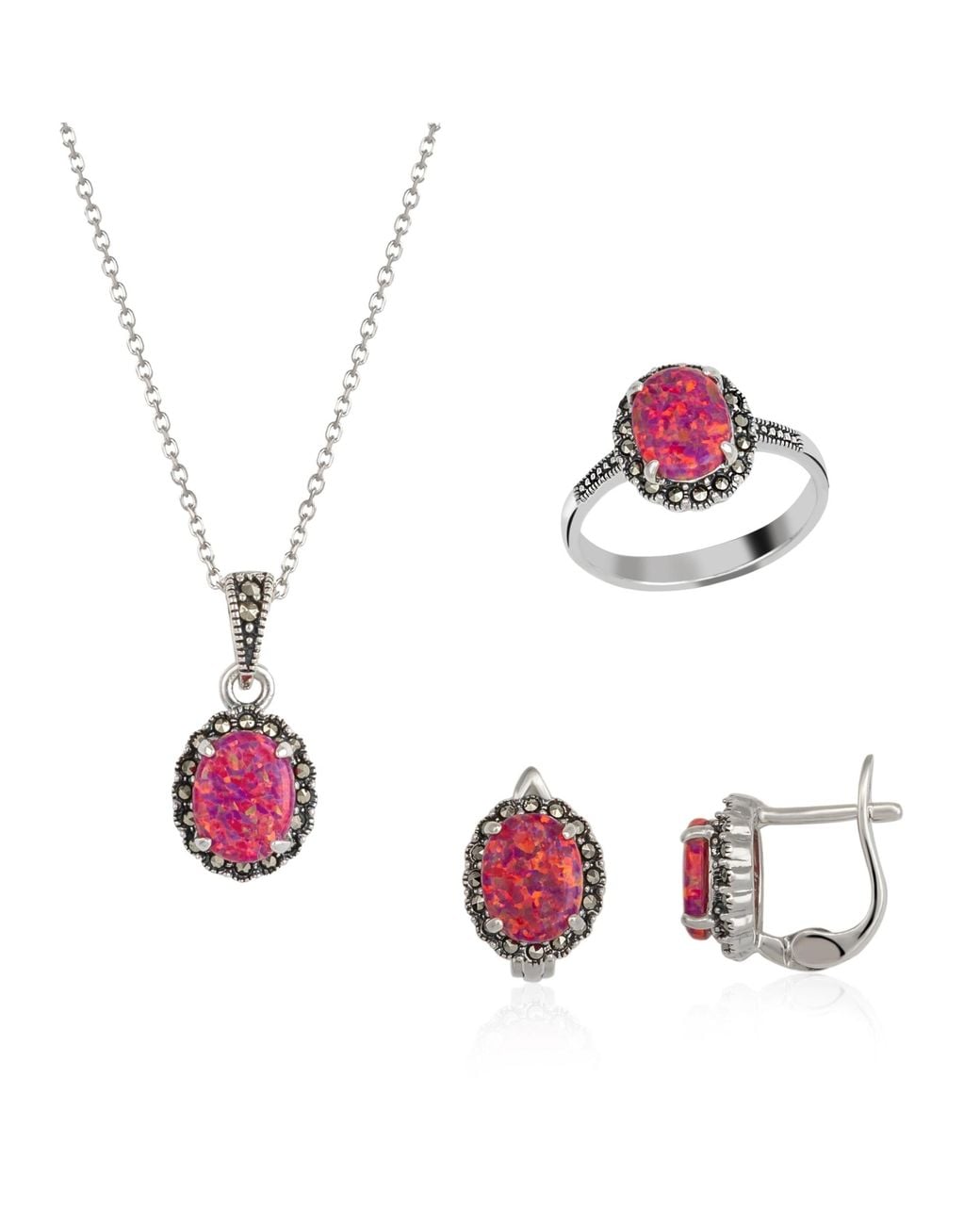 Spero London Pink Circle Opal High Quality Sterling Necklace Earring Ring Set