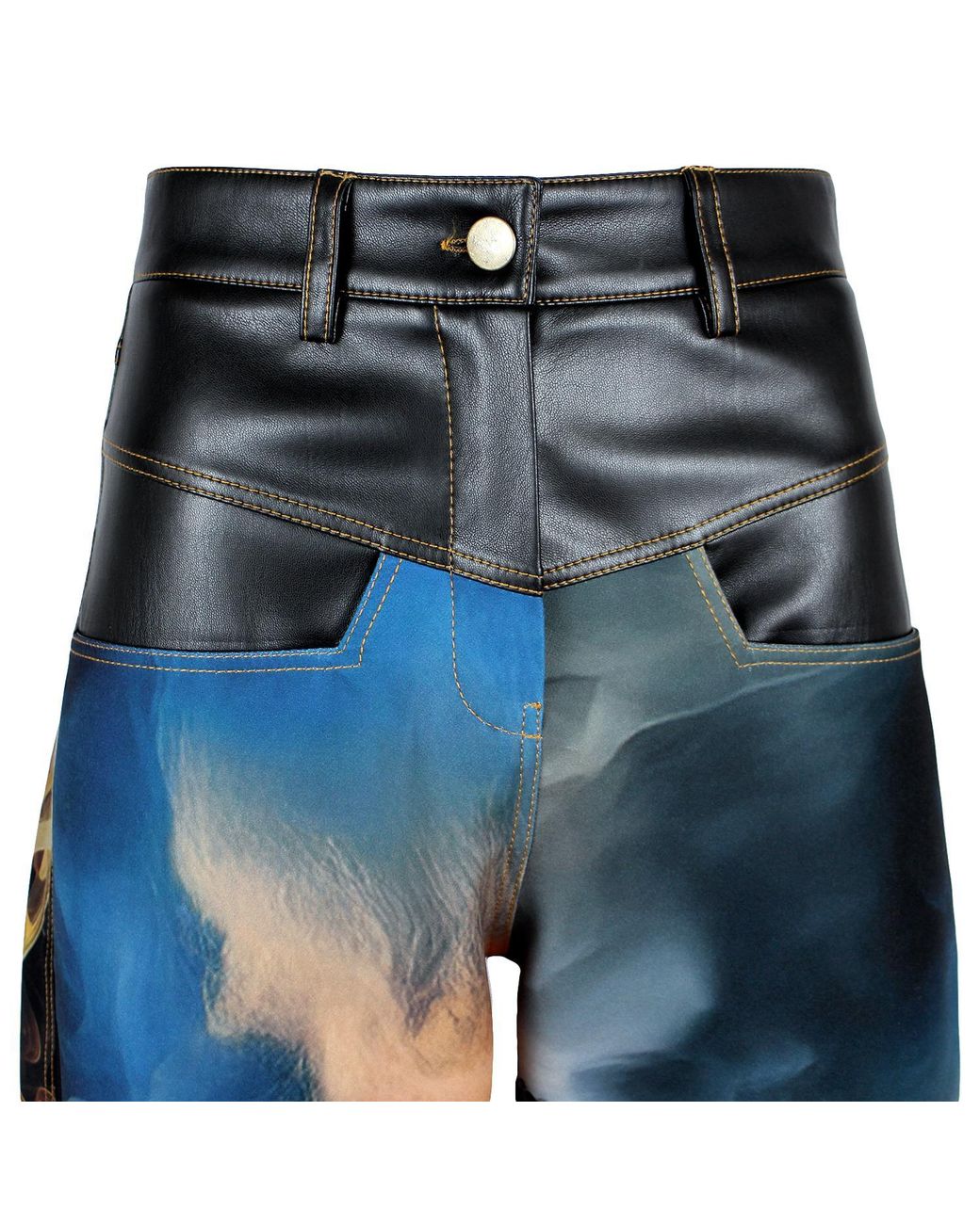 Lalipop Design Blue Wide-Leg Pants With Vegan Leather Waist And Digital Flame Print