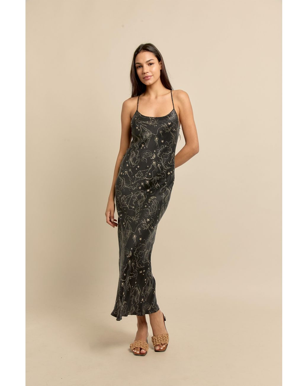 Lily Rou Black Silk Ray Midi Slip Dress