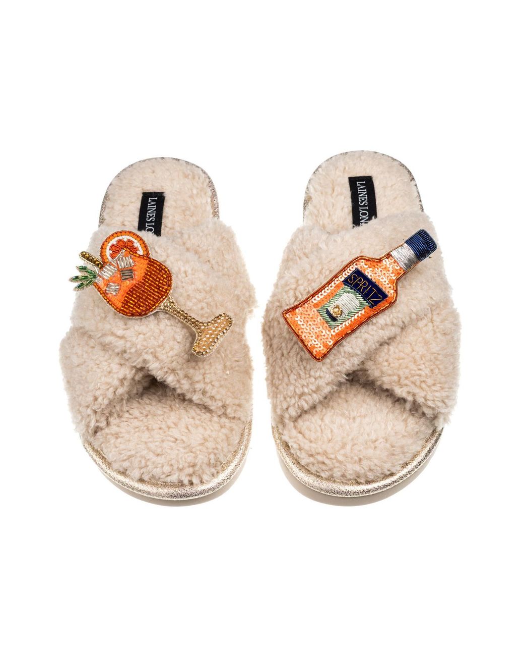 Laines London Natural Neutrals Laines Neutral Boucle Slippers With Summer Spritz Brooches