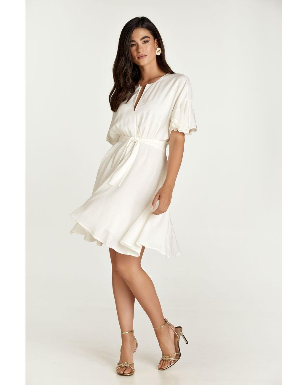 Conquista White Neutrals Ecru Dress With Ruffle Sleeves