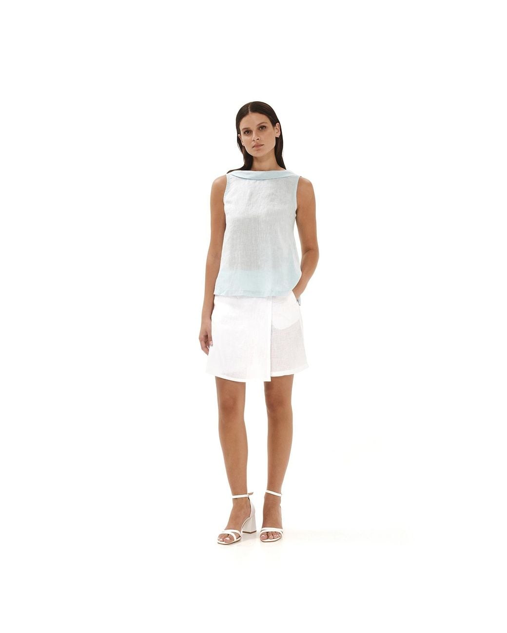 Haris Cotton Blue Boat Neckline Sleeveless Linen Top With Deep V Back Sapphire