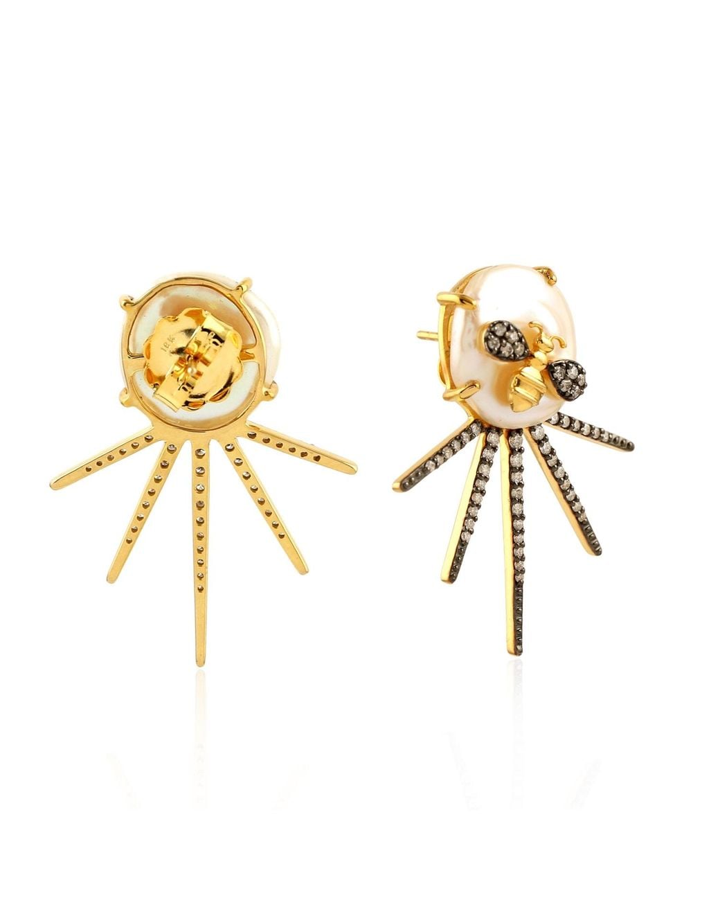 Artisan Metallic Butterfly Diamond Natural Pearl Stud Earrings 18k Yellow Gold