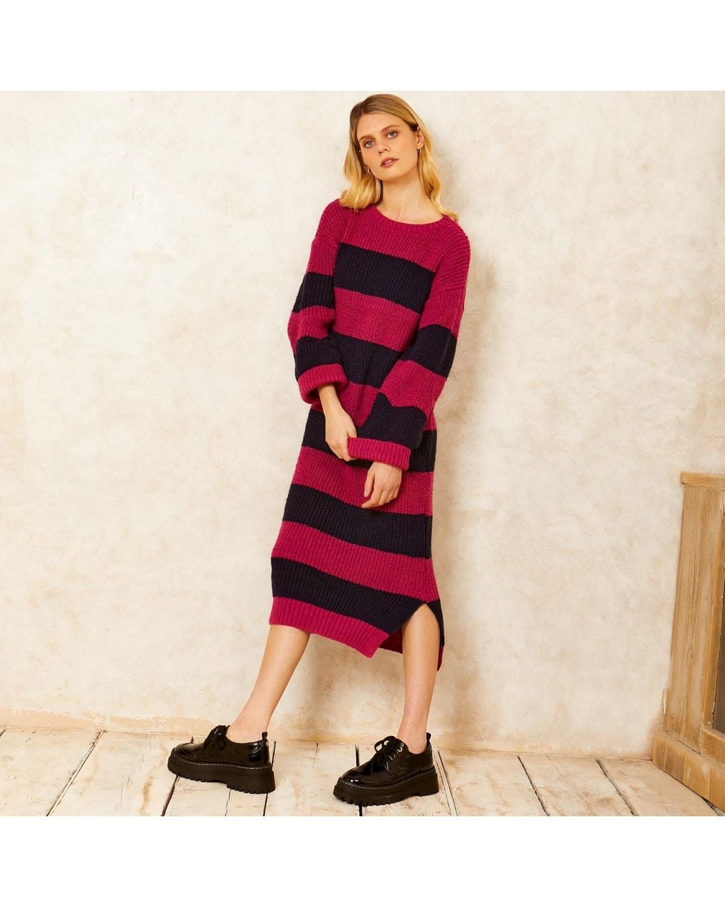 Cara & The Sky Red Antonia Chunky Stripe Midi Knitted Dress