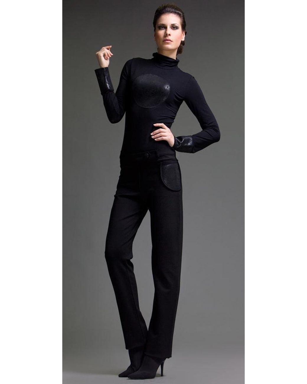 Conquista Black Straight Punto Di Roma Pants With Faux Leather Detail