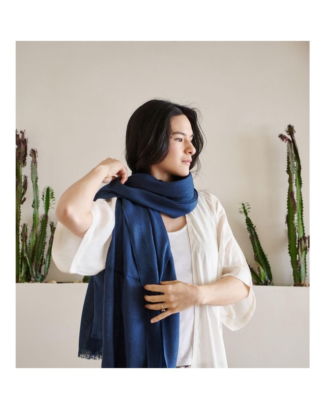 Variously Blue Midnight Hand Woven Linen Silk Blend Scarf