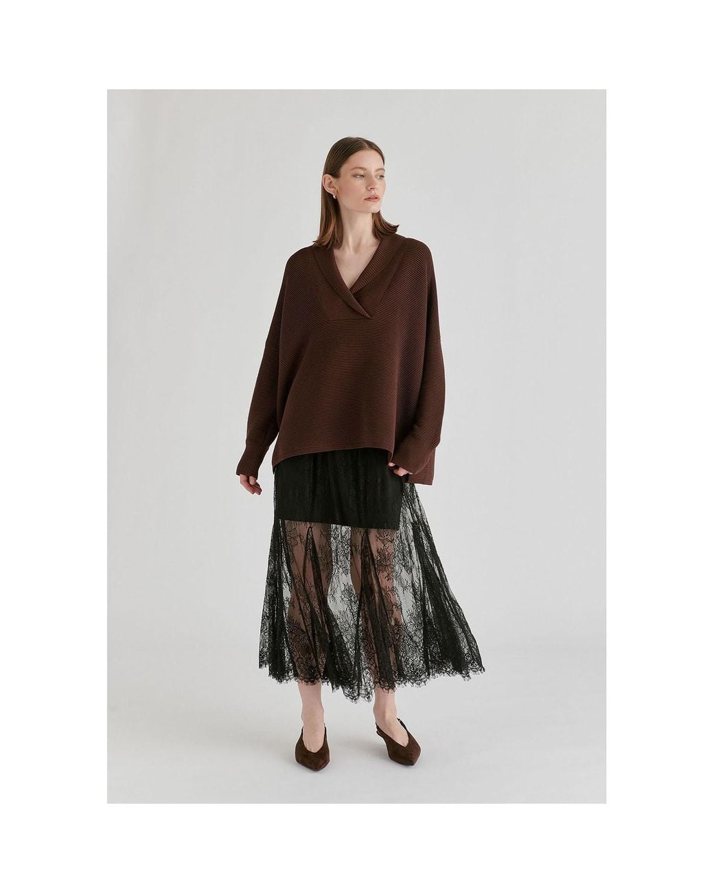 Paisie Brown Shawl Collar Ribbed Jumper