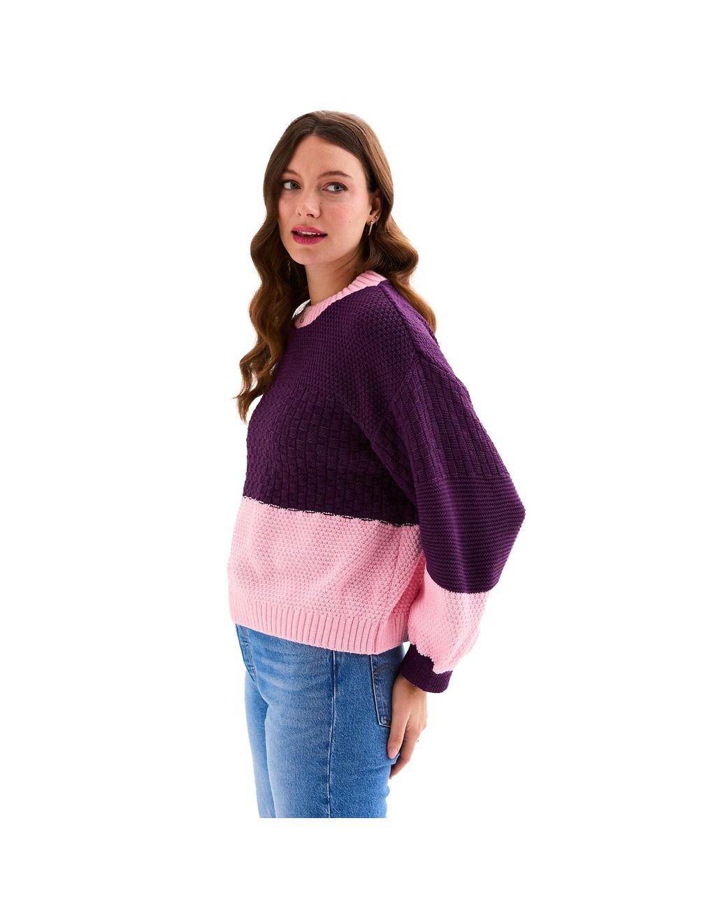 Cara & The Sky Purple Taz Colour Block Balloon Sleeve Jumper