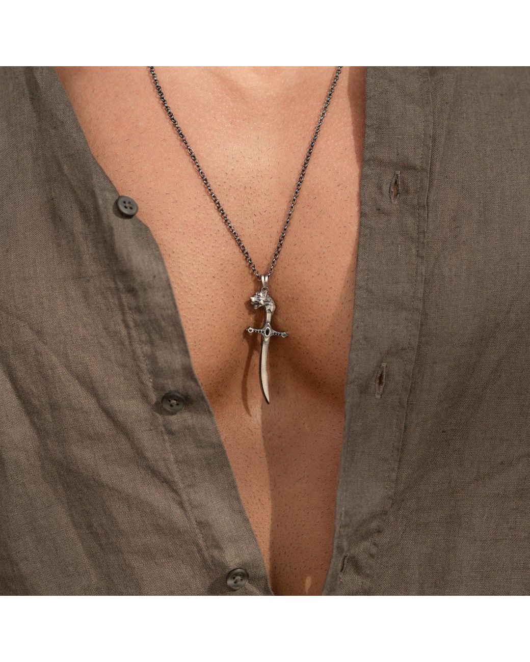 Ebru Jewelry Metallic Wolf Sword Zircon Sterling Pendant Necklace for men