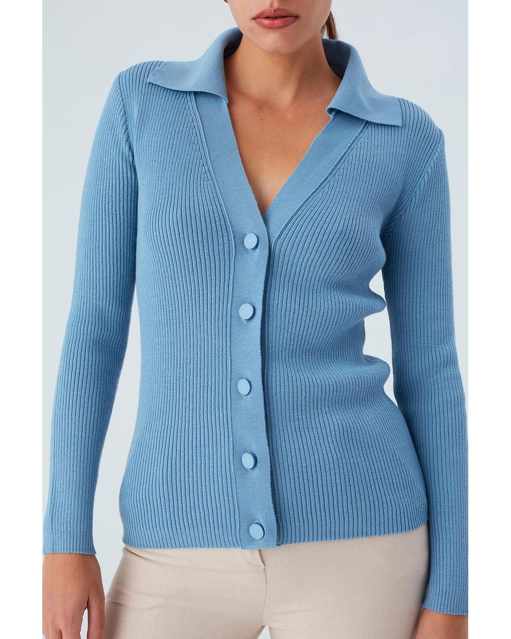 Peraluna Blue Polo V-Neck Ribbed Knit Cardigan