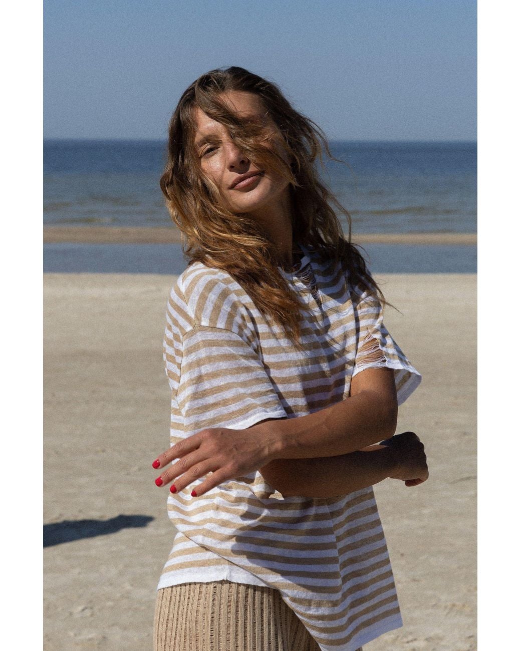 SALANIDA White Energia Ripped Linen T-Shirt Caramel Striped