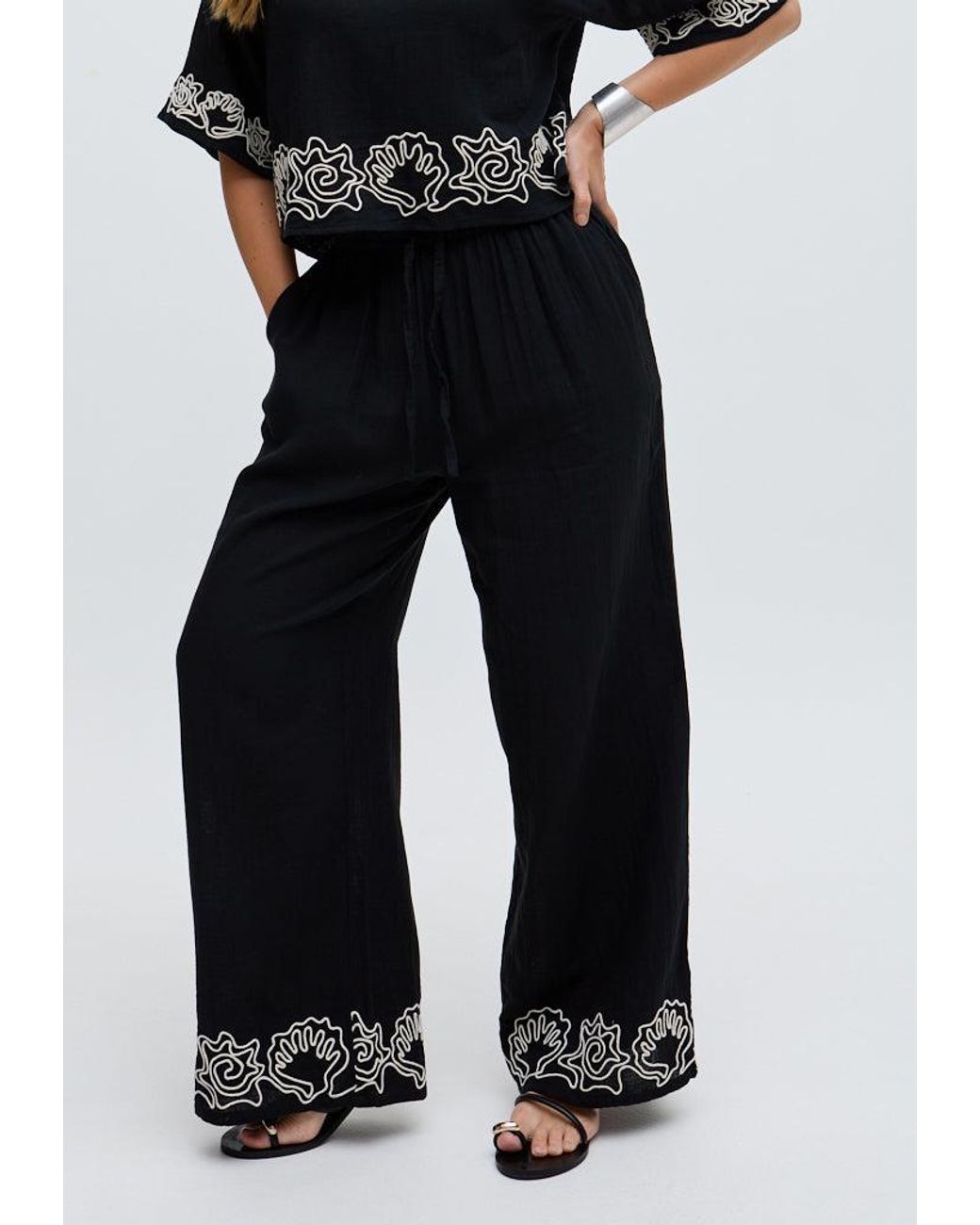 Raffya Black Milly Wide Leg Embroidered Trouser