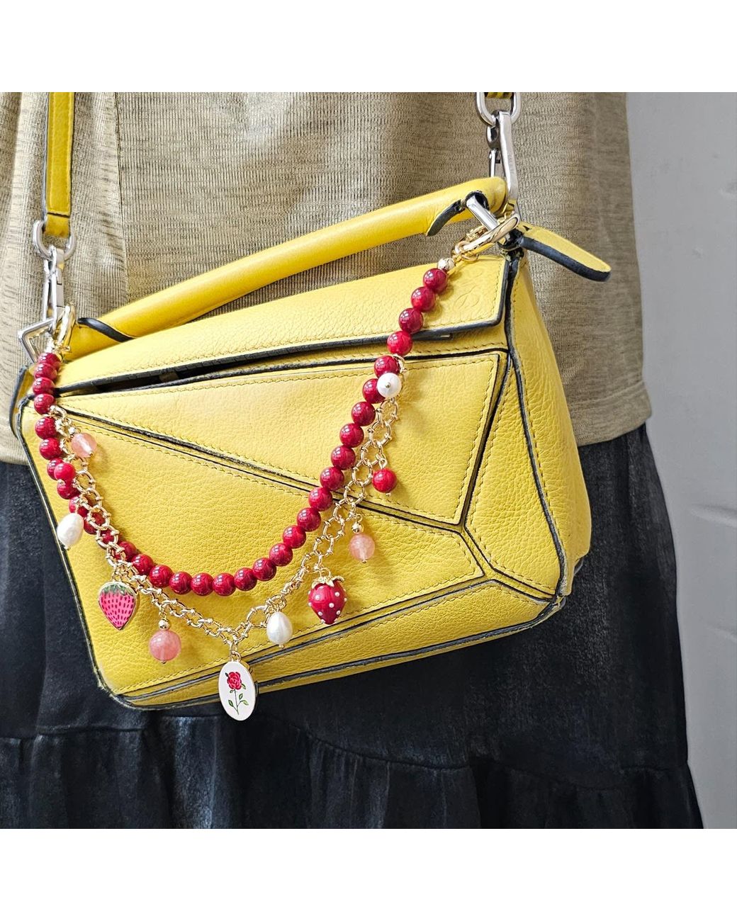 Farra Red Bamboo Coral With Strawberry And Rose Double Layers Chain Bag Charm