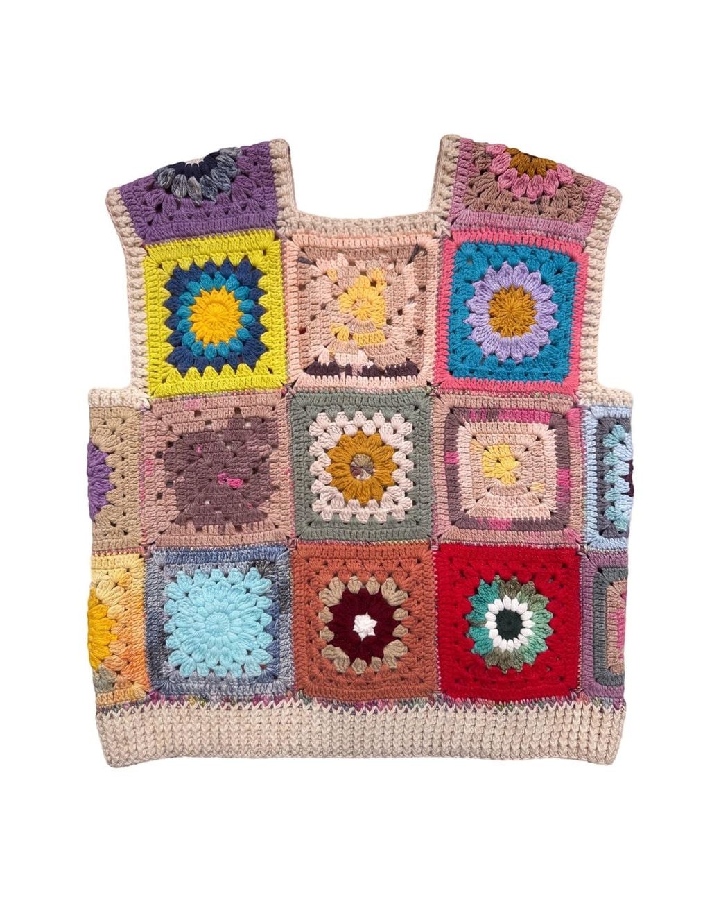 Ana Chic Pink Patchwork Flower Handmade Crochet Waistcoat