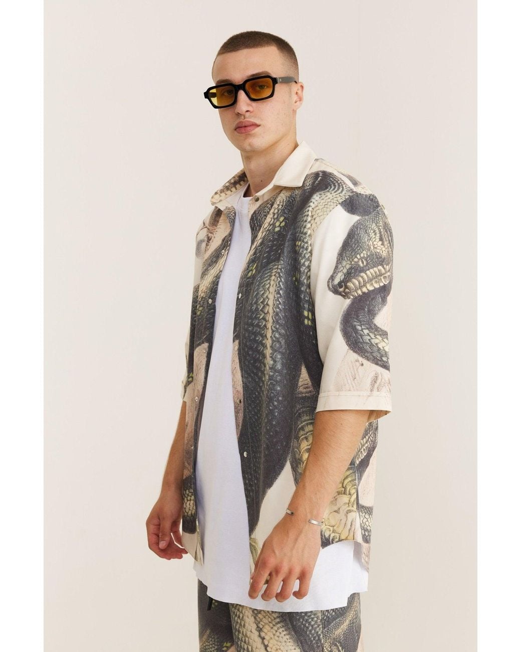 mysimplicated Natural Neutrals Short Sleeve Shirt And Bermuda Set With Snake Design for men