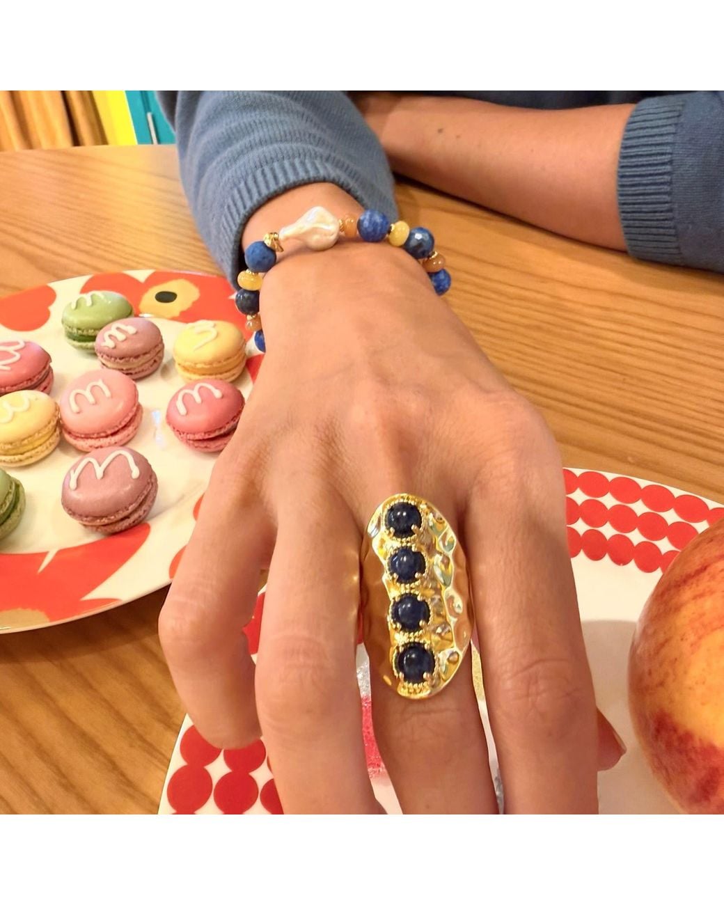 Farra Metallic Vintage Style Lapis Stone Chunky Ring Adjustable