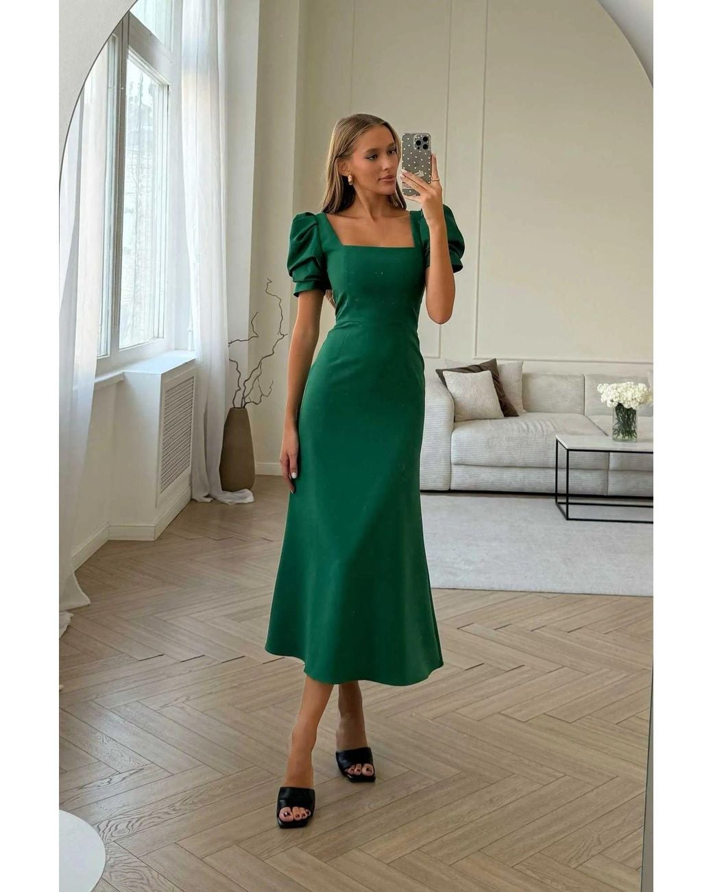 POST MERIDIEM Green Emerald Godet Silhouette Square Neck Midi Dress