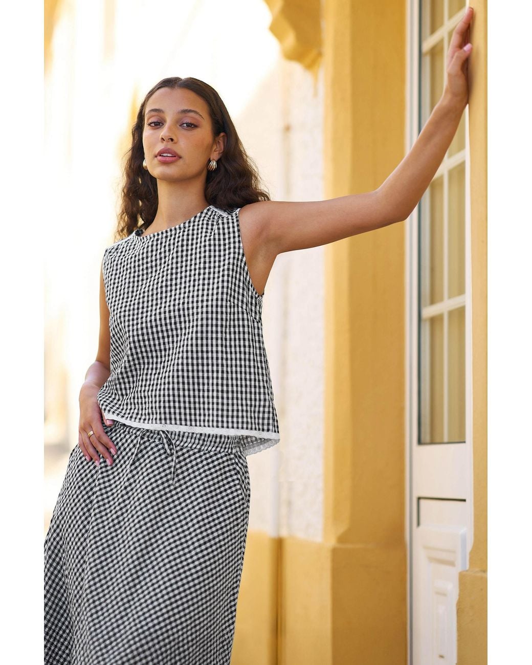 Yumi' Gray Gingham Cotton Midi Skirt