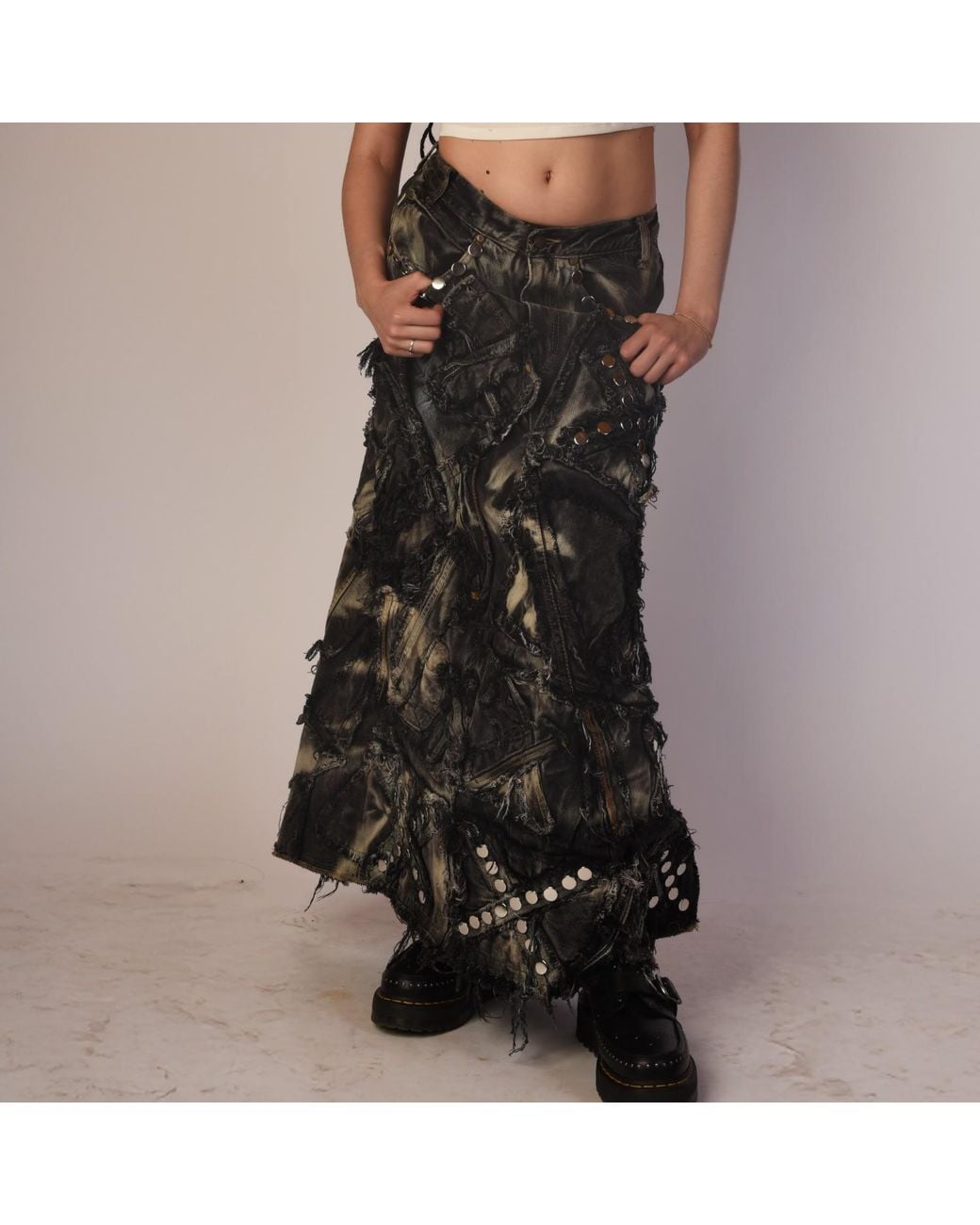 Zasta Studio Gray Shred Couture Studded Denim Skirt E