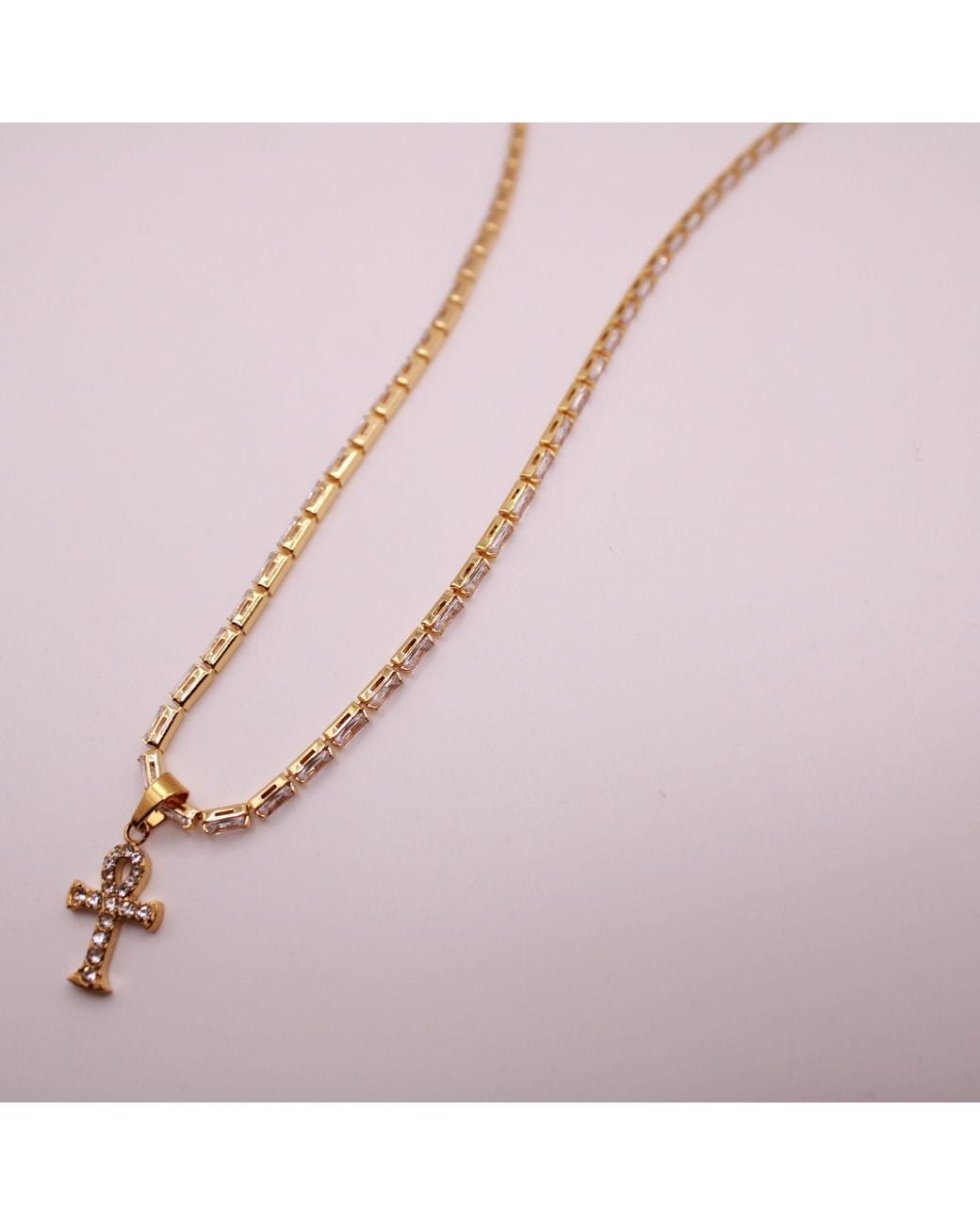 Urbane Jewelry Studio White Ankh Baguette Tennis Necklace