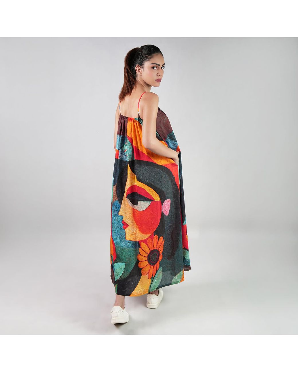 DHARA SHETH DUBAI Red Muse Abstract Art Spaghetti Strap Maxi Dress