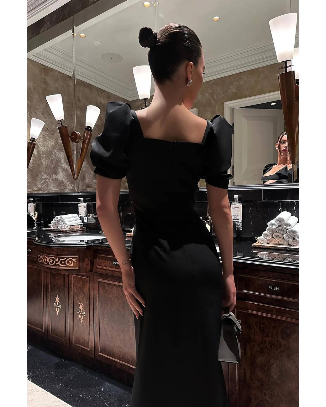 POST MERIDIEM Black Godet Silhouette Square Neck Midi Dress