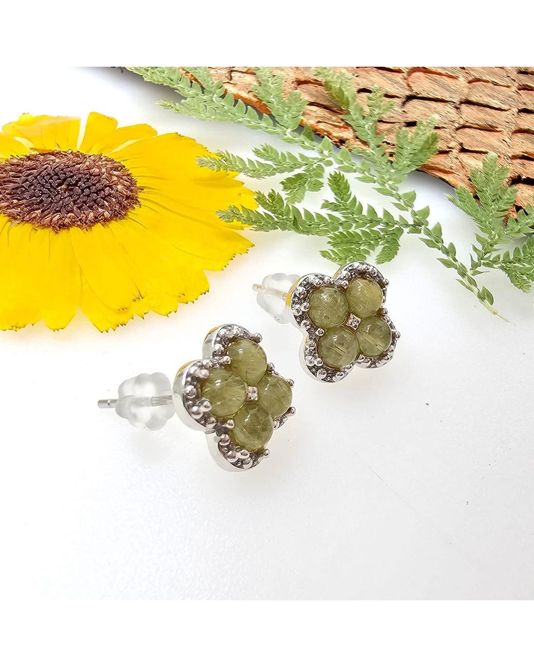 Farra Green Minimalist Flower Shaped Prehnite Stud Earrings