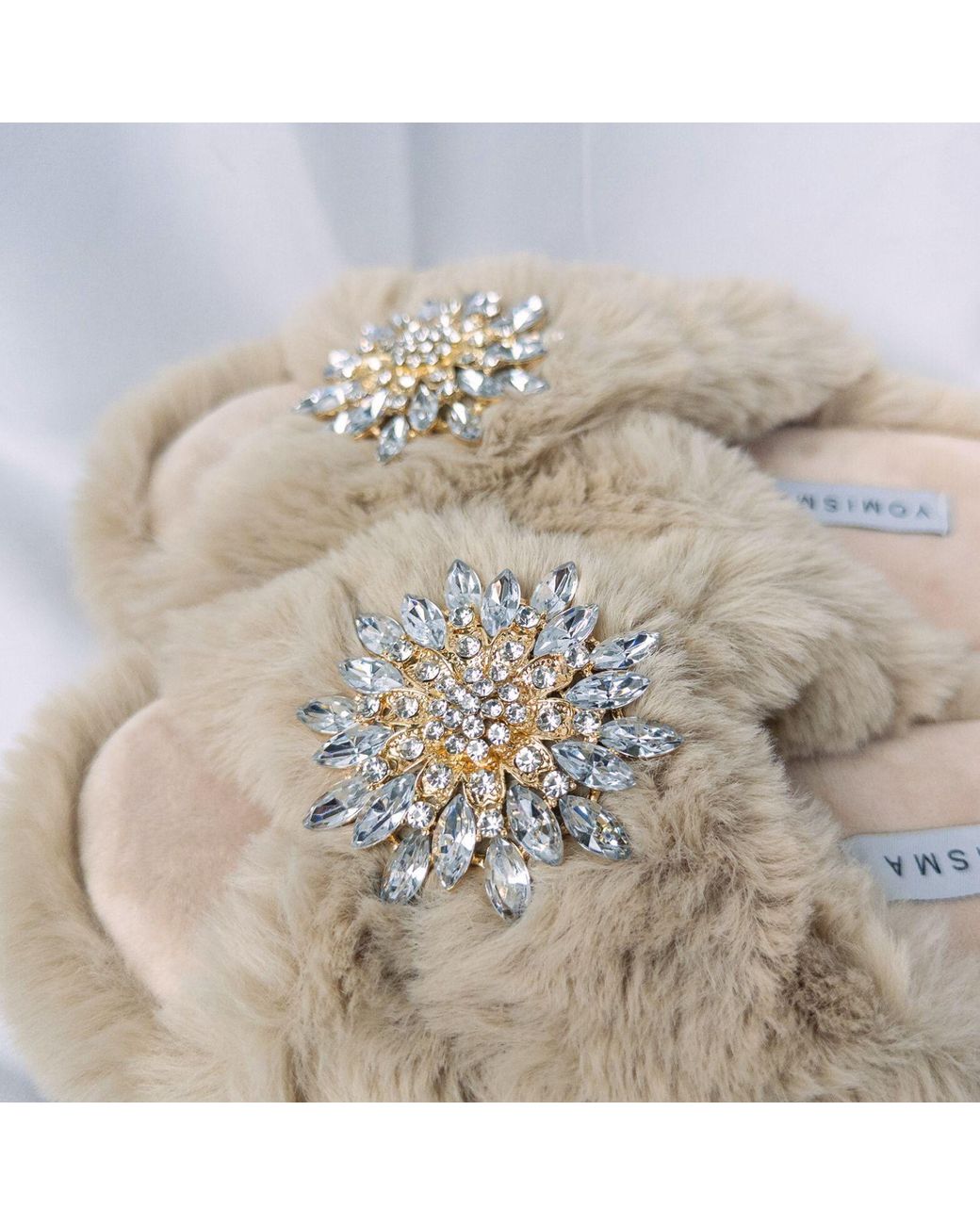 Yomisma Natural Neutrals Eco Faux Fur Slippers – Recycled Faux Fur + Clear Brooch Embellishment
